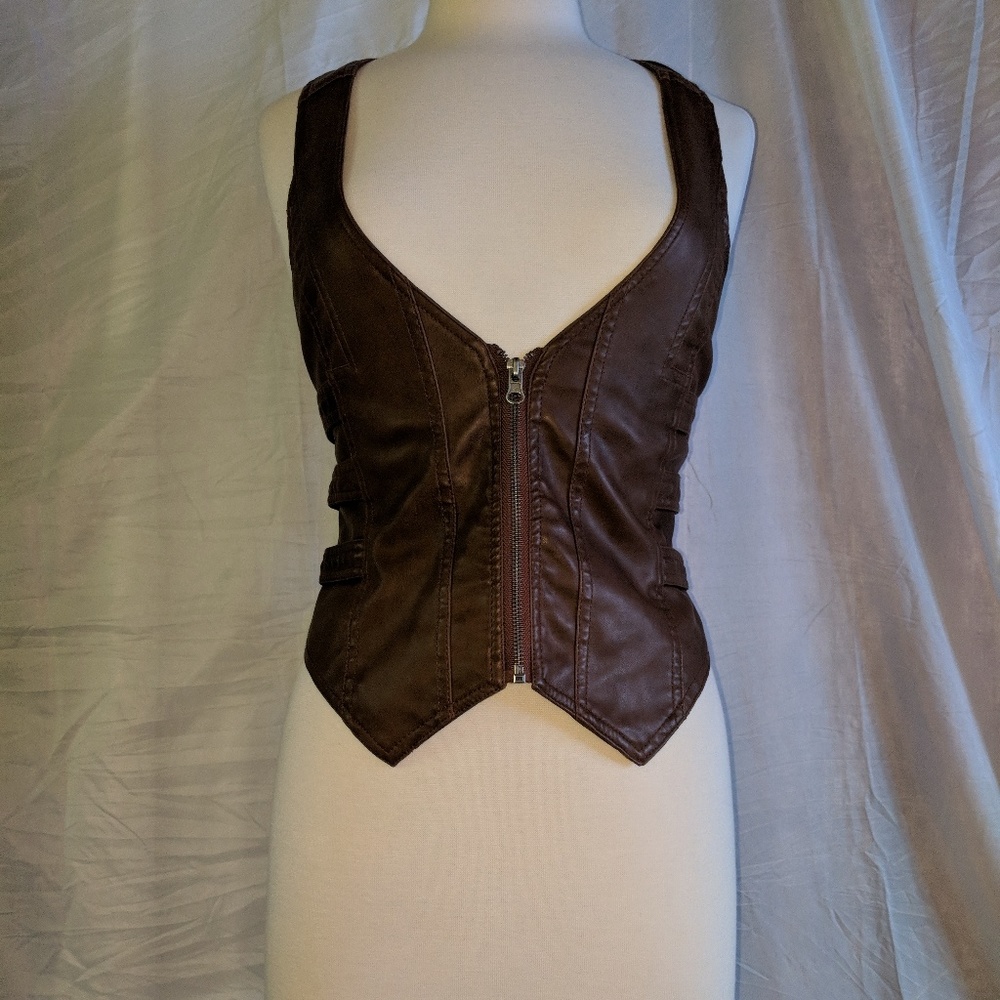 Brown pleather zip-up vest.